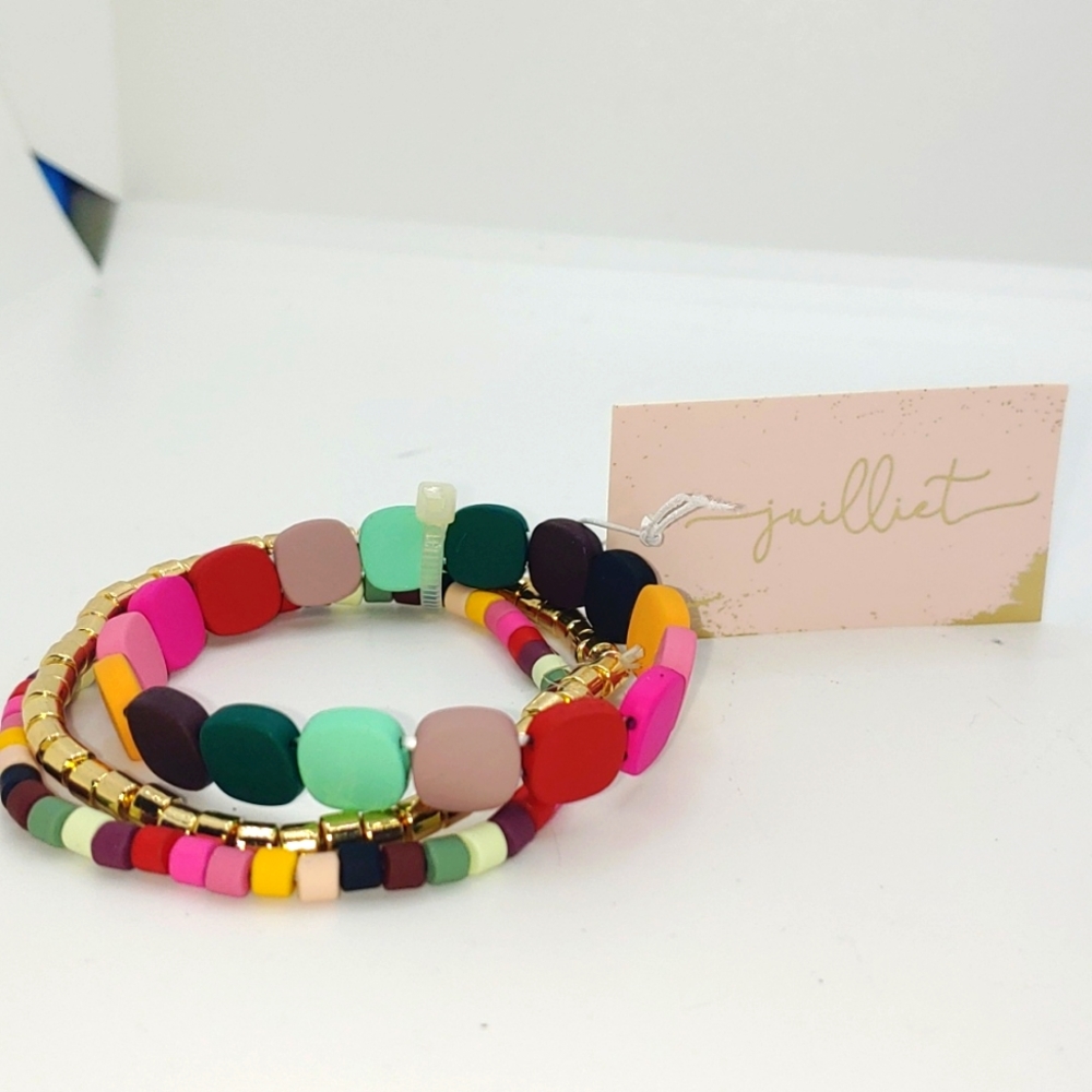 Juliet Set of 3 rainbow Enamel and Gold toned Slip-on bracelets